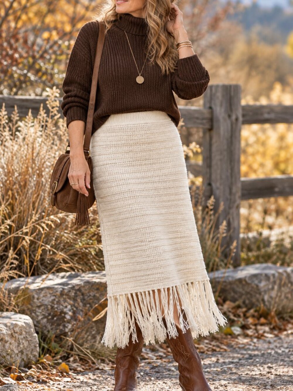 NWT Umgee Ivory Crochet Knit Fringe Midi Skirt Boho Western Cottagecore M - Picture 1 of 8